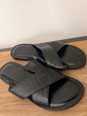 Black Croc-Embossed Crisscross Slide Sandals